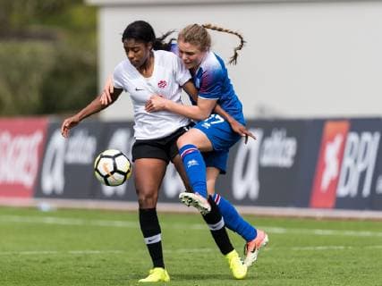 (L-R) Ashley Lawrence of Canada women, Agla Maria Albertsdottir of Iceland women during the Algarve Cup 2019 match between Canada and Iceland at Estadio Municipal Bela Vista on February 27, 2019 in Parchal, Portugal Algarve Cup 2019 2018 2019 xVIxVIxImagesx xGerritxvanxKeulenxIVx 13759011