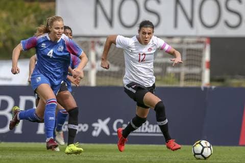 PARCHAL, 27-02-2019 , Bela Vista Municipal Stadium, Algarve Cup 2019, Canada - Iceland (Women), Iceland player Glodis Perla Viggosdottir (l) Canada player Christine Sinclair (r) during the match Canada - Iceland (Women) Canada - Iceland (Women)  x2853406x