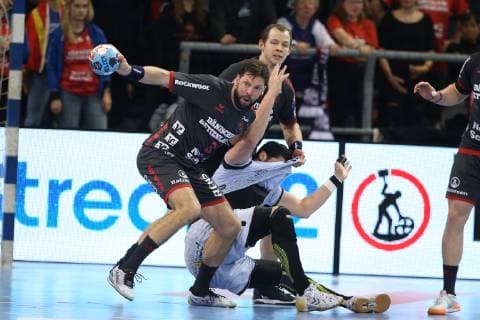 SG Flensburg Handewitt vs HBC Nantes Handball EHF Champions League Group stage 27 02 19 Tobias Karlsson SG Flensburg Handewitt 03 and Johannes Golla SG Flensburg Handewitt 04 against Nicolas Tournat HBC Nantes 11 xmmkx