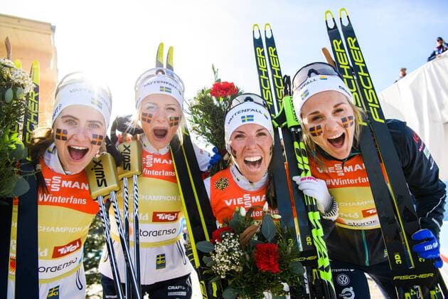 Sport Themen der Woche KW09 Sport Bilder des Tages 190228 Ebba Andersson, Frida Karlsson, Charlotte Kalla and Stina Nilsson of Sweden celebrates after women s 4 x 5km relay during the FIS Nordic World Ski Championships on February 28, 2019 in Seefeld in Tirol. Photo: Joel Marklund BILDBYRAN kod JM 87902 *** 190228 Ebba Andersson Frida Karlsson Charlotte Kalla and Stina Nilsson of Sweden celebrates after women s 4 x 5km relay during the FIS Nordic World Ski Championships on February 28 2019 in Seefeld in Tirol Photo Joel Marklund BILDBYRAN code JM 87902,  Copyright: JOELxMARKLUND BB190228JM041