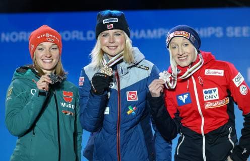 NORDIC SKIING - FIS Nordic World Ski Championships Seefeld 2019 SEEFELD,AUSTRIA,28.FEB.19 - NORDIC SKIING, Ski jumping Skispringen Ski nordisch - FIS Nordic World Ski Championships, Medal Plaza, award ceremony, normal hill, ladies. Image shows Katharina Althaus (GER), Maren Lundby (NOR) and Daniela Iraschko-Stolz (AUT). GEPAxpictures xCh.xKelemen