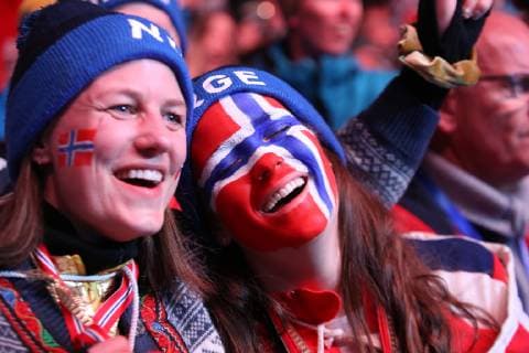 NORDIC SKIING - FIS Nordic World Ski Championships Seefeld 2019 SEEFELD,AUSTRIA,28.FEB.19 - NORDIC SKIING, Ski jumping Skispringen Ski nordisch - FIS Nordic World Ski Championships, Medal Plaza, award ceremony, normal hill, ladies. Image shows fans of NOR. GEPAxpictures xChristianxWalgram