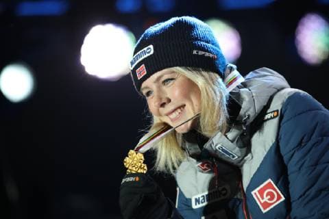 NORDIC SKIING - FIS Nordic World Ski Championships Seefeld 2019 SEEFELD,AUSTRIA,28.FEB.19 - NORDIC SKIING, Ski jumping Skispringen Ski nordisch - FIS Nordic World Ski Championships, Medal Plaza, award ceremony, normal hill, ladies. Image shows Maren Lundby (NOR). Keywords: medal. GEPAxpictures xChristianxWalgram