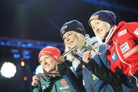 NORDIC SKIING - FIS Nordic World Ski Championships Seefeld 2019 SEEFELD,AUSTRIA,28.FEB.19 - NORDIC SKIING, Ski jumping Skispringen Ski nordisch - FIS Nordic World Ski Championships, Medal Plaza, award ceremony, normal hill, ladies. Image shows Katharina Althaus (GER), Maren Lundby (NOR) and Daniela Iraschko-Stolz (AUT). Keywords: medal. GEPAxpictures xChristianxWalgram