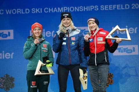 NORDIC SKIING - FIS Nordic World Ski Championships Seefeld 2019 SEEFELD,AUSTRIA,28.FEB.19 - NORDIC SKIING, Ski jumping Skispringen Ski nordisch - FIS Nordic World Ski Championships, Medal Plaza, award ceremony, normal hill, ladies. Image shows Katharina Althaus (GER), Maren Lundby (NOR) and Daniela Iraschko-Stolz (AUT). Keywords: medal, trophy. GEPAxpictures xCh.xKelemen