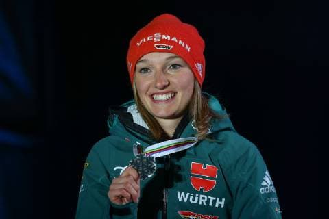 NORDIC SKIING - FIS Nordic World Ski Championships Seefeld 2019 SEEFELD,AUSTRIA,28.FEB.19 - NORDIC SKIING, Ski jumping Skispringen Ski nordisch - FIS Nordic World Ski Championships, Medal Plaza, award ceremony, normal hill, ladies. Image shows Katharina Althaus (GER). GEPAxpictures xCh.xKelemen