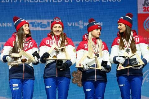 Nordische Ski WM in Seefeld, 4x5km Staffel Damen, Siegerehrung NORDIC SKIING - FIS Nordic World Ski Championships Seefeld 2019 SEEFELD,AUSTRIA,28.FEB.19 - NORDIC SKIING, CROSS COUNTRY SKIING - FIS Nordic World Ski Championships, Medal Plaza, award ceremony, 4x5km relay, ladies. Image shows Yulia Belorukova, Anastasia Sedova, Anna Nechaevskaya and Natalia Nepryaeva (RUS). GEPAxpictures xCh.xKelemen