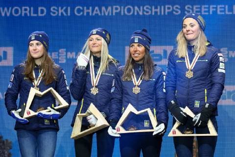 Nordische Ski WM in Seefeld, 4x5km Staffel Damen, Siegerehrung NORDIC SKIING - FIS Nordic World Ski Championships Seefeld 2019 SEEFELD,AUSTRIA,28.FEB.19 - NORDIC SKIING, CROSS COUNTRY SKIING - FIS Nordic World Ski Championships, Medal Plaza, award ceremony, 4x5km relay, ladies. Image shows Ebba Andersson, Frida Karlsson, Charlotte Kalla, Stina Nilsson (SWE). GEPAxpictures xCh.xKelemen