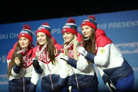 Nordische Ski WM in Seefeld, 4x5km Staffel Damen, Siegerehrung NORDIC SKIING - FIS Nordic World Ski Championships Seefeld 2019 SEEFELD,AUSTRIA,28.FEB.19 - NORDIC SKIING, CROSS COUNTRY SKIING - FIS Nordic World Ski Championships, Medal Plaza, award ceremony, 4x5km relay, ladies. Image shows team Russia (Yulia Belorukova, Anastasia Sedova, Anna Nechaevskaya and Natalia Nepryaeva). Keywords: medal. GEPAxpictures xChristianxWalgram