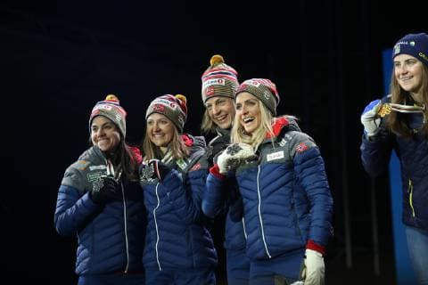 Nordische Ski WM in Seefeld, 4x5km Staffel Damen, Siegerehrung NORDIC SKIING - FIS Nordic World Ski Championships Seefeld 2019 SEEFELD,AUSTRIA,28.FEB.19 - NORDIC SKIING, CROSS COUNTRY SKIING - FIS Nordic World Ski Championships, Medal Plaza, award ceremony, 4x5km relay, ladies. Image shows team Norway (Heidi Weng, Ingvild Flugstad Oestberg, Astrid Uhrenholdt Jacobsen and Theresa Johaug). Keywords: medal. GEPAxpictures xChristianxWalgram