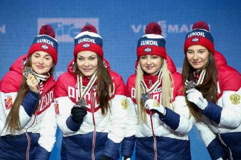 Nordische Ski WM in Seefeld, 4x5km Staffel Damen, Siegerehrung NORDIC SKIING - FIS Nordic World Ski Championships Seefeld 2019 SEEFELD,AUSTRIA,28.FEB.19 - NORDIC SKIING, CROSS COUNTRY SKIING - FIS Nordic World Ski Championships, Medal Plaza, award ceremony, 4x5km relay, ladies. Image shows Yulia Belorukova, Anastasia Sedova, Anna Nechaevskaya and Natalia Nepryaeva (RUS). GEPAxpictures xCh.xKelemen