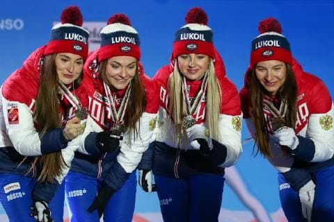 Nordische Ski WM in Seefeld, 4x5km Staffel Damen, Siegerehrung NORDIC SKIING - FIS Nordic World Ski Championships Seefeld 2019 SEEFELD,AUSTRIA,28.FEB.19 - NORDIC SKIING, CROSS COUNTRY SKIING - FIS Nordic World Ski Championships, Medal Plaza, award ceremony, 4x5km relay, ladies. Image shows Yulia Belorukova, Anastasia Sedova, Anna Nechaevskaya and Natalia Nepryaeva (RUS). GEPAxpictures xCh.xKelemen