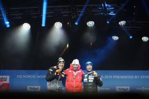 Nordische Ski WM in Seefeld, Nordische Kombination, Siegerehrung NORDIC SKIING - FIS Nordic World Ski Championships Seefeld 2019 SEEFELD,AUSTRIA,28.FEB.19 - NORDIC SKIING, NORDIC COMBINED - FIS Nordic World Ski Championships, Medal Plaza, award ceremony, 10km Gundersen, individual. Image shows Bernhard Gruber (AUT), Jarl Magnus Riiber (NOR) and Akito Watabe (JPN). Keywords: medal. GEPAxpictures xChristianxWalgram