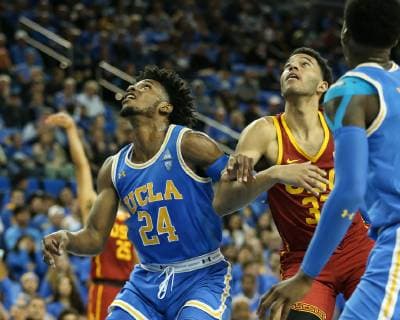 February 28, 2019 Los Angeles, CA..UCLA Bruins guard Jalen Hill 24 boxing out USC Trojans forward J Raan Brooks 33 during the USC Trojans vs UCLA Bruins at Pauley Pavilion on February 28, 2019. ( Jevone Moore) NCAA College League USA BKC 2019: USC Trojans vs UCLA Bruins FEB 28 - ZUMAc04_ 20190228_zaf_c04_124 Copyright: xJevonexMoorex xCalxSportxMediax