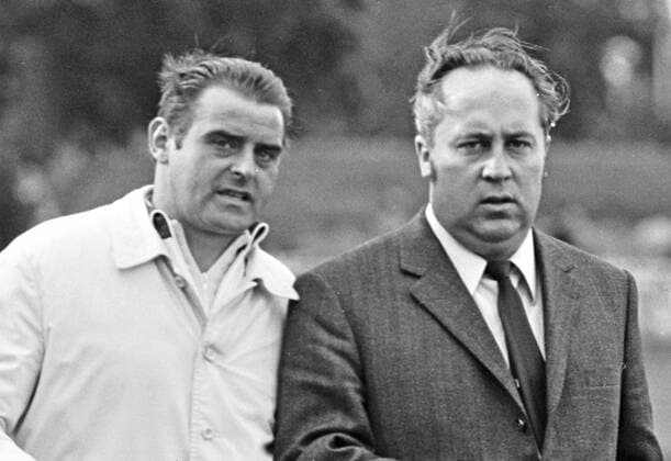 From Regionalliga Nord season 1970 71 VfL Wolfsburg white breast against SV Meppen 3 0 on 06 09 1970 in WOB stadium Im photo LI Meppen coach Hermann Michel and league chairman Gerd van Zoest