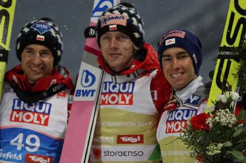 NORDIC SKIING - FIS Nordic World Ski Championships Seefeld 2019 SEEFELD,AUSTRIA,01.MAR.19 - NORDIC SKIING, Ski jumping Skispringen Ski nordisch - FIS Nordic World Ski Championships, normal hill, men. Image shows Kamil Stoch (POL), Dawid Kubacki (POL) and Stefan Kraft (AUT). GEPAxpictures xAndreasxPranter