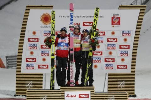 NORDIC SKIING - FIS Nordic World Ski Championships Seefeld 2019 SEEFELD,AUSTRIA,01.MAR.19 - NORDIC SKIING, Ski jumping Skispringen Ski nordisch - FIS Nordic World Ski Championships, normal hill, men. Image shows Kamil Stoch (POL), Dawid Kubacki (POL) and Stefan Kraft (AUT). GEPAxpictures xAndreasxPranter