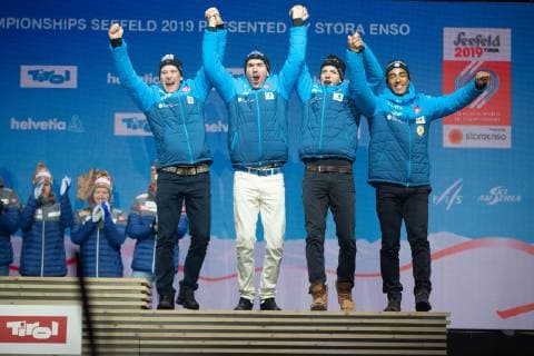 NORDIC SKIING - FIS Nordic World Ski Championships Seefeld 2019 SEEFELD,AUSTRIA,01.MAR.19 - NORDIC SKIING, CROSS COUNTRY SKIING - FIS Nordic World Ski Championships, 4x10km relay, men, medal plaza, award ceremony. Image shows the rejoicing of team FRA with Adrien Backscheider (FRA), Maurice Manificat (FRA), Clement Parisse (FRA) and Richard Jouve (FRA). GEPAxpictures xPhilippxBrem