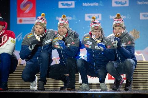 NORDIC SKIING - FIS Nordic World Ski Championships Seefeld 2019 SEEFELD,AUSTRIA,01.MAR.19 - NORDIC SKIING, CROSS COUNTRY SKIING - FIS Nordic World Ski Championships, 4x10km relay, men, medal plaza, award ceremony. Image shows the rejoicing of team NOR with Emil Iversen, Martin Johnsrud Sundby, Sjur Roethe and Johannes Hoesflot Klaebo (NOR).. GEPAxpictures xPhilippxBrem