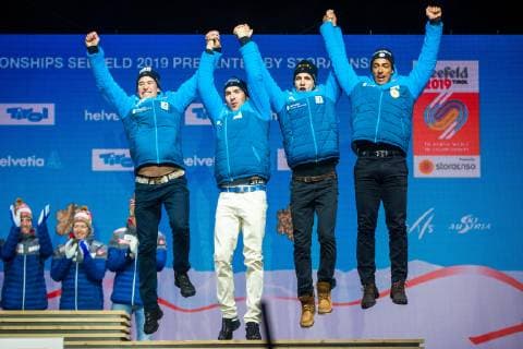 NORDIC SKIING - FIS Nordic World Ski Championships Seefeld 2019 SEEFELD,AUSTRIA,01.MAR.19 - NORDIC SKIING, CROSS COUNTRY SKIING - FIS Nordic World Ski Championships, Medal Plaza, award ceremony, 4x10km relay, men. Image shows Adrien Backscheider (FRA), Maurice Manificat (FRA), Clement Parisse (FRA) and Richard Jouve (FRA). GEPAxpictures xPhilippxBrem