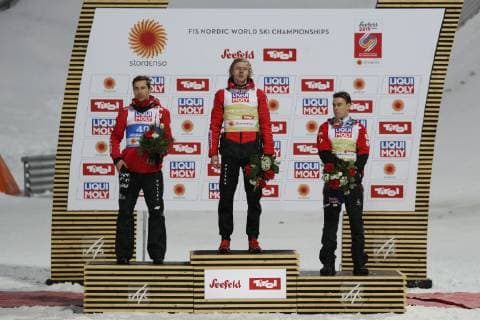 NORDIC SKIING - FIS Nordic World Ski Championships Seefeld 2019 SEEFELD,AUSTRIA,01.MAR.19 - NORDIC SKIING, Ski jumping Skispringen Ski nordisch - FIS Nordic World Ski Championships, normal hill, men. Image shows Kamil Stoch (POL), Dawid Kubacki (POL) and Stefan Kraft (AUT). GEPAxpictures xAndreasxPranter