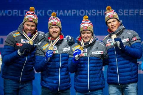 NORDIC SKIING - FIS Nordic World Ski Championships Seefeld 2019 SEEFELD,AUSTRIA,01.MAR.19 - NORDIC SKIING, CROSS COUNTRY SKIING - FIS Nordic World Ski Championships, Medal Plaza, award ceremony, 4x10km relay, men. Image shows Emil Iversen, Martin Johnsrud Sundby, Sjur Roethe and Johannes Hoesflot Klaebo (NOR). GEPAxpictures xPhilippxBrem