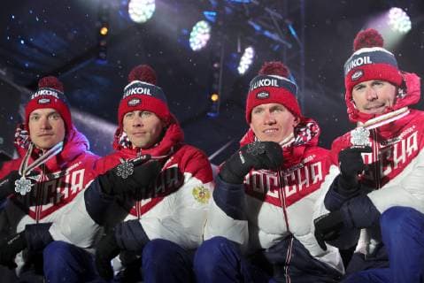 SEEFELD, TIROL, AUSTRIA - MARCH 1, 2019: Silver medalists Andrei Larkov, Alexander Bessmertnykh, Alexander Bolshunov, and Sergei Ustyugov (L-R) of Russia pose with their medals at a medal ceremony after the men s 4x10km cross-country skiing relay race at the 2019 FIS Nordic World Ski Championships. Sergei Bobylev TASS  TS0A2CEB