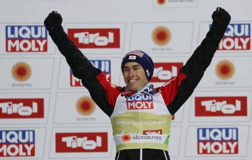 NORDIC SKIING - FIS Nordic World Ski Championships Seefeld 2019 SEEFELD,AUSTRIA,01.MAR.19 - NORDIC SKIING, Ski jumping Skispringen Ski nordisch - FIS Nordic World Ski Championships, normal hill, men. Image shows the rejoicing of Stefan Kraft (AUT). GEPAxpictures xAndreasxPranter