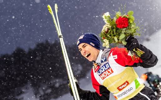 01 03 2019 Seefeld AUT FIS World Championships Ski Nordic Seefeld 2019 Ski Jump Mens Flower Ceremony in picture Bronze Medal Winner Stefan Kraft AUT Bronze medallist Stefan Kraft AUT during the flowers ceremony for the men s Skijumping of FIS Nordic Ski World Championships 2019 Seefeld Austria on 2019 03 01 Seefeld  EX_FEI