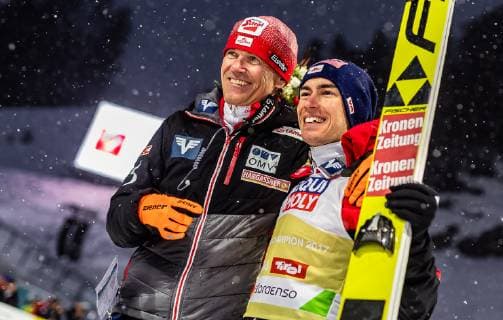 01 03 2019 Seefeld AUT FIS World Championships Nordic Ski Seefeld 2019 Ski Jump Mens Flower Ceremony in picture Head Coach Andreas Felder AUT Bronze Medal Winner Stefan Kraft AUT Headcoach Andreas Felder of Austria Bronze medallist Stefan Kraft AUT during the flowers ceremony for the men s Skijumping of FIS Nordic Ski World Championships 2019 Seefeld Austria on 2019 03 01 Seefeld  EX_FEI