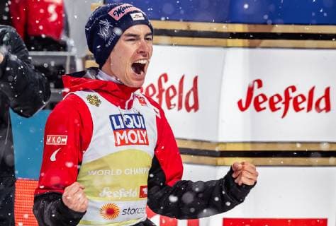 01 03 2019 Seefeld AUT FIS World Championships Ski Nordic Seefeld 2019 Ski Jump Mens Flower Ceremony in picture Bronze Medal Winner Stefan Kraft AUT Bronze medallist Stefan Kraft AUT during the flowers ceremony for the men s Skijumping of FIS Nordic Ski World Championships 2019 Seefeld Austria on 2019 03 01 Seefeld  EX_FEI