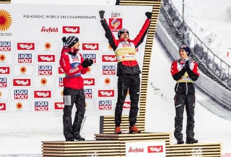01 03 2019 Seefeld AUT FIS World Championships Ski Nordic Seefeld 2019 Ski Jump Mens Flower Ceremony in picture Silver Medal Winner Kamil Stoch POL Gold Medal Winner and World Champion Dawid Kubacki POL Bronze Medal Winner Stefan Kraft AUT Silver medallist Kamil Stoch POL Gold Medallist and World Champion Dawid Kubacki POL Bronze medallist Stefan Kraft AUT during the flowers ceremony for the men s Skijumping of FIS Nordic Ski World Championships 2019 Seefeld Austria on 2019 03 01 Seefeld  EX_FEI