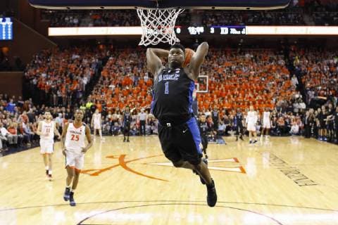 CHARLOTTESVILLE, VA - FEBRUARY 09: Duke Blue Devils Forward (1) Zion Williamson gets a break away dunk during a game between the Duke Blue Devils and the University of Virginia Cavaliers at the John Paul Jones Arena in Charlottesville, Virginia on February 9, 2019. (Photo by Justin Cooper Icon Sportswire) COLLEGE BASKETBALL: FEB 09 Duke at Virginia Icon19020901