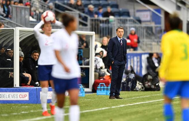 CHESTER, PA - FEBRUARY 27: England Head Coach Phil Neville looks on during a thow-in in the first half during the She Believes Cup game between Brazil and England on February 27, 2019 at Talen Energy Stadium in Chester, PA. (Photo by Kyle Ross Icon Sportswire) SOCCER: FEB 27 SheBelieves Cup - England v Brazil Icon19022712