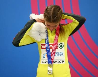 2nd March 2019, Emirates Arena, Glasgow, Scotland; European Athletics Indoor Championships, day 2; Konstanze Klosterhalfen (GER) with the silver medal for the women 3000m  ActionPlus12109878 VagelisxGeorgariou