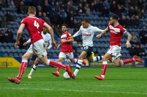 Preston North End v Bristol City Sky Bet Championship Lukas Nmecha of Preston North End with a run through the Bristol City defence during the Sky Bet Championship match at Deepdale, Preston Content Not Available For UK Newspapers Copyright: xMattxWilkinsonx FIL-12949-0038