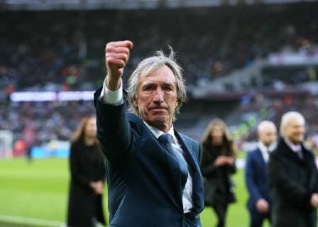 2nd March 2019, London Stadium, London, England; EPL Premier League football, West Ham United versus Newcastle United; West Ham United legend Billy Bonds MBE celebrating towards the West Ham United fans after cutting the ribbon alongside West Ham United co owner David Gold to open the Billy Bonds Stand before kick off  ActionPlus12110075 JohnxPatrickxFletcher