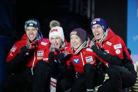NORDIC SKIING - FIS Nordic World Ski Championships Seefeld 2019 SEEFELD,AUSTRIA,02.MAR.19 - NORDIC SKIING, Ski jumping Skispringen Ski nordisch - FIS Nordic World Ski Championships, Medal Plaza, award ceremony, mixed team event, normal hill. Image shows Philipp Aschenwald, Eva Pinkelnig, Daniela Iraschko-Stolz and Stefan Kraft (AUT). GEPAxpictures xPhilippxBrem