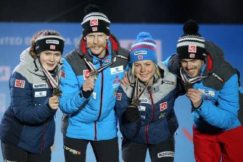 NORDIC SKIING - FIS Nordic World Ski Championships Seefeld 2019 SEEFELD,AUSTRIA,02.MAR.19 - NORDIC SKIING, Ski jumping Skispringen Ski nordisch - FIS Nordic World Ski Championships, Medal Plaza, award ceremony, mixed team event, normal hill. Image shows Anna Odine Stroem, Robert Johansson, Maren Lundby and Andreas Stjernen (NOR). GEPAxpictures xPhilippxBrem