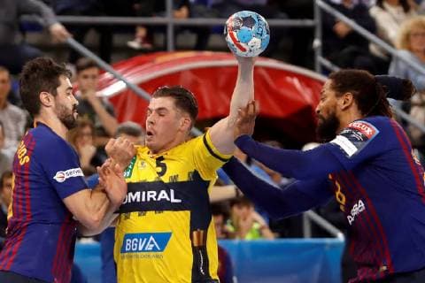 Handball, CL, FC Barcelona - Rhein Neckar Löwen FC Barcelona Barca Lassa s Gilberto Brito (R) and Raul Entrerrios (L) in action against Rhein-Necker Lowen s Vladan Lipovina (C) during a Champions League handball match at the Palau Blaugrana in Barcelona, Catalonia, north eastern Spain, 02 March 2019. BARCELONA vs RHEIN NECKAR LOWEN !ACHTUNG: NUR REDAKTIONELLE NUTZUNG!  Copyright: xTonixAlbirx GRAF6950 20190302-636871532994566721