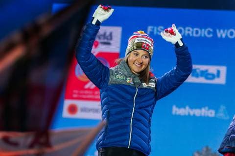NORDIC SKIING - FIS Nordic World Ski Championships Seefeld 2019 SEEFELD,AUSTRIA,02.MAR.19 - NORDIC SKIING, CROSS COUNTRY SKIING - FIS Nordic World Ski Championships, Medal Plaza, award ceremony, 30km mass start, ladies. Image shows Ingvild Flugstad Oestberg (NOR). GEPAxpictures xPhilippxBrem