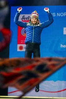 NORDIC SKIING - FIS Nordic World Ski Championships Seefeld 2019 SEEFELD,AUSTRIA,02.MAR.19 - NORDIC SKIING, CROSS COUNTRY SKIING - FIS Nordic World Ski Championships, Medal Plaza, award ceremony, 30km mass start, ladies. Image shows Ingvild Flugstad Oestberg (NOR). GEPAxpictures xPhilippxBrem