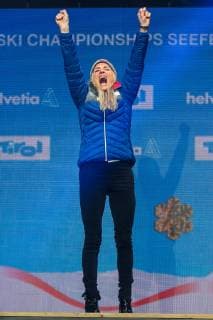 NORDIC SKIING - FIS Nordic World Ski Championships Seefeld 2019 SEEFELD,AUSTRIA,02.MAR.19 - NORDIC SKIING, CROSS COUNTRY SKIING - FIS Nordic World Ski Championships, Medal Plaza, award ceremony, 30km mass start, ladies. Image shows Therese Johaug (NOR). GEPAxpictures xPhilippxBrem