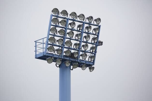 Football Regionalliga Nordost Saison 2018 2019 23 Matchday Saturday 02 March 2019 at Bruno Plache Stadium in Leipzig 1 FC Lokomotive Leipzig BFC Dynamo A floodlight mast at Bruno Plache Stadium 1 FC Lokomotive Leipzig BFC Dynamo