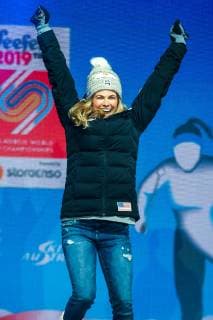 NORDIC SKIING - FIS Nordic World Ski Championships Seefeld 2019 SEEFELD,AUSTRIA,02.MAR.19 - NORDIC SKIING, CROSS COUNTRY SKIING - FIS Nordic World Ski Championships, Medal Plaza, award ceremony, 30km mass start, ladies. Image shows Jessica Diggins (USA). GEPAxpictures xPhilippxBrem