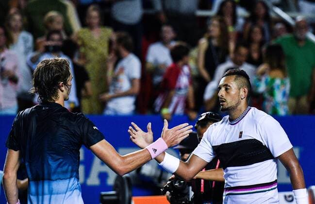 (190303) -- ACAPULCO, March 3, 2019 (Xinhua) -- Nick Kyrgios (R) of Australia shakes hands with Alexander Zverev of Germany after the men s singles final match between Nick Kyrgios of Australia and Alexander Zverev of Germany at the 2019 ATP Tennis Herren Mexican Open tennis tournament in Acapulco, Mexico, on March 2, 2019. Nick Kyrgios won 2-0 to claim the title. (Xinhua Xin Yuewei) (SP)MEXICO-ACAPULCO-TENNIS-ATP-MEXICAN OPEN 