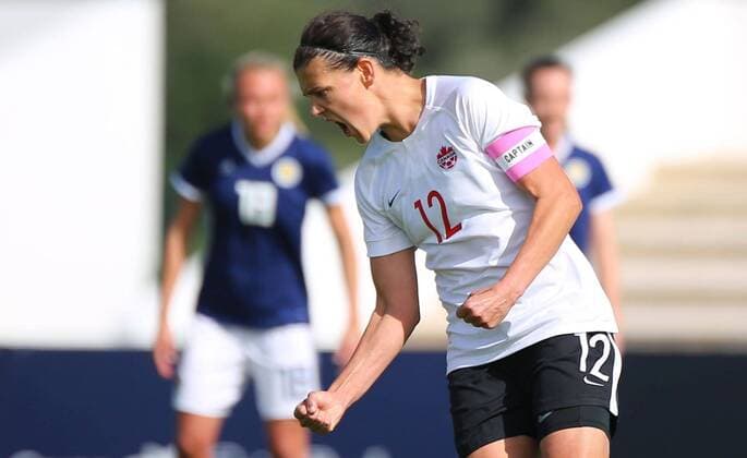 27 02 2019 xcex POR Faro Estadio Algarve Womens Football Algarve International Tournament Algarve Cup 2019 FPF Canada v Scotland Christine Sinclair CAN celebrates their goal to 1 0 goal jubilation jubilation joy emotions goal celebration