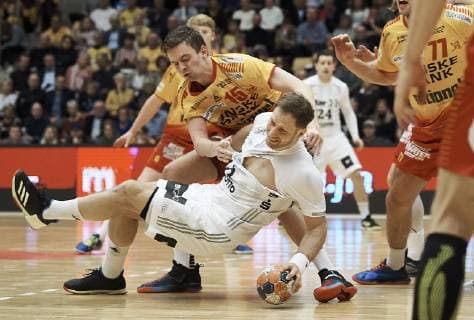 Odense EHF Cup mens handball GOG THW Kiel Arena Funen in Odense March 3 2019 Kiels Steffen Weinhold 13 and Frederik Hansen 13 in action Photo Robert Wengler Odense Denmark,  Copyright: ©RobertxWengler RobertxWenglerx COP107 spdk20190303-160054-L