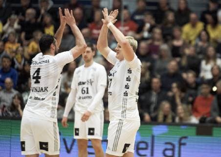 Odense EHF Cup mens handball GOG THW Kiel Arena Funen in Odense on March 3, 2019 fight ends 22 26 Kiels Domagoj Duvnjak 4 and Patrick Wiencek 17 celebrate yet another score Photo Robert Wengler Odense Denmark,  Copyright: ©RobertxWengler RobertxWenglerx COP107 spdk20190303-164527-L