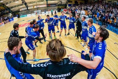 Handball 2 Bundesliga Men Season 2018 2019 Dessau Rosslauer HV 06 Handball Hamburg Jubel beim Dessau Rosslauer HV 06 after victory 32 28 during Season 2018 2019 in the Handball 2 Bundesliga Men between Dessau Rosslauer HV 06 and Handball Hamburg in the Anhalt Arena on 3 March 2019 in Bauhausstadt Dessau Sachsen Anhalt Saxony Anhalt Germany Germany